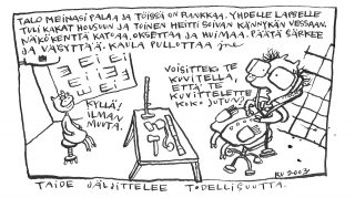 Kuva Riitta Uusitalon pilapiirroksesta Taide jäljittelee todellisuutta, 2003, tussi.